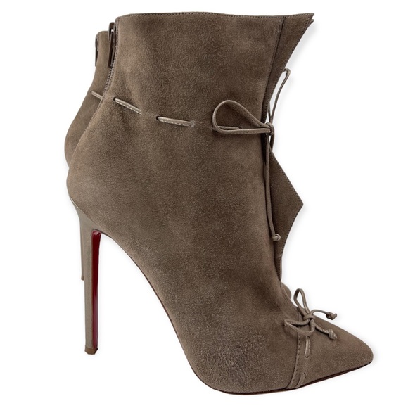 CHRISTIAN LOUBOUTIN Booties Suede & Metallic Leather Bows Stiletto Heels Zipper - Picture 6 of 12